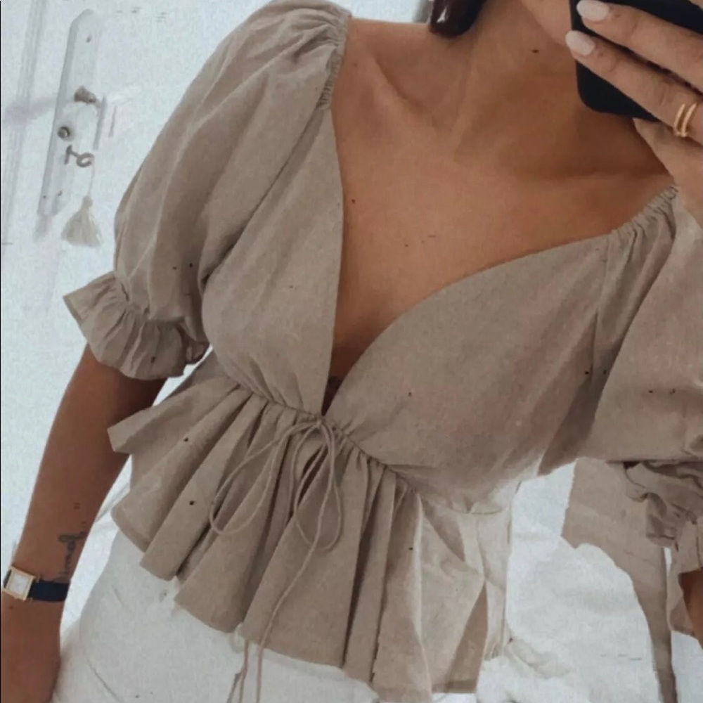 Top T-Shirt puff sleeve peplum khaki linen cotton linen - Picture 7 of 8